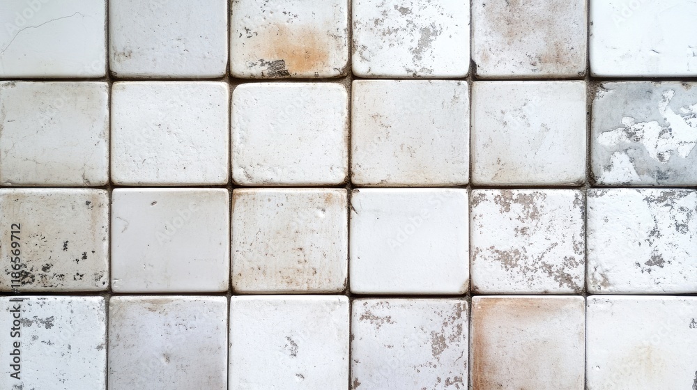 Poster Vintage white square tiles with stains displaying a textured background perfect for interior design and retro decor concepts.