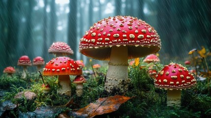Vibrant Red Toadstools Emergence in a Damp Misty Forest After Rainfall