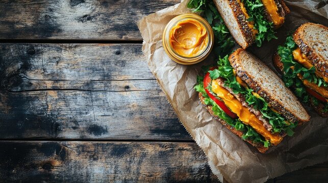 Delicious peanut butter sandwiches with fresh vegetables on rustic wooden surface ideal for promoting healthy eating and quick meals
