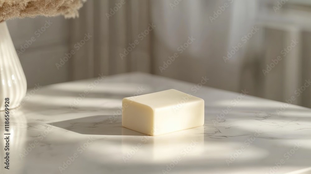 Poster Minimalist soap bar on elegant bathroom countertop with natural light and soft shadows creating a serene atmosphere for skincare promotion