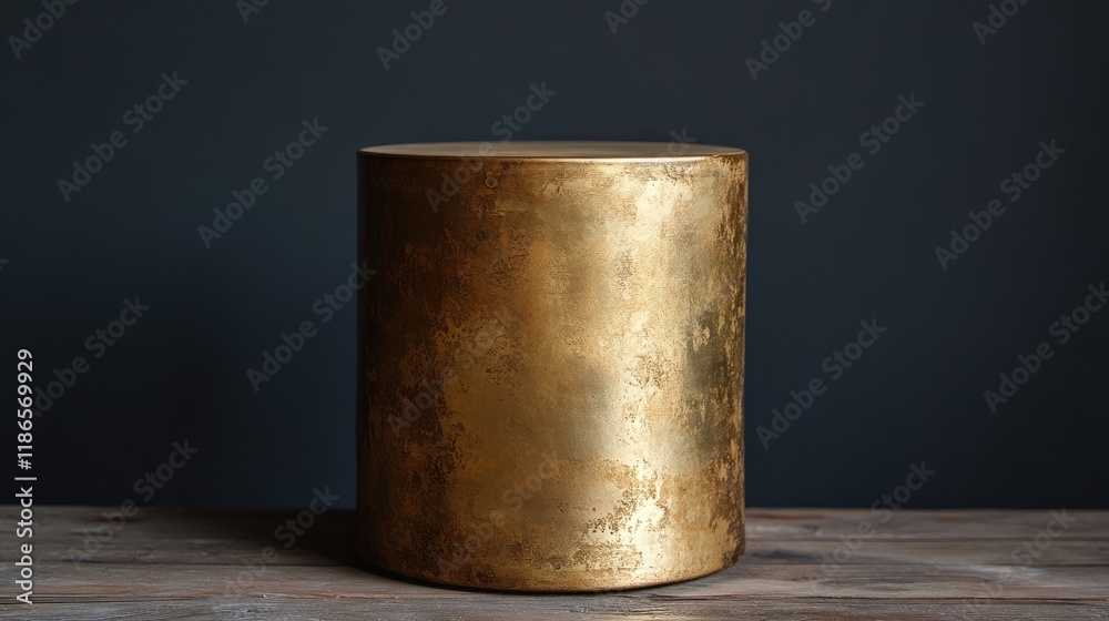 Poster vintage metallic gold drum on wooden table with dark background showcasing classical design and time