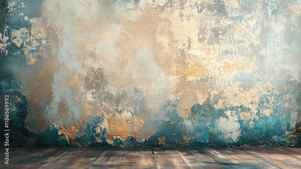 Poster weathered vintage paint texture on wall with peeling layers and rustic wooden floor for artistic bac