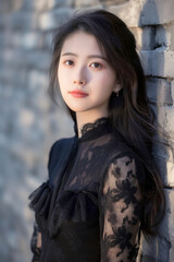 A young woman, wearing a black lace dress and long hair, leans against a brick wall.