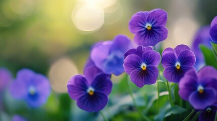 Vibrant close-up of violet pansy flowers in a dreamy blurred background showcasing nature's beauty and tranquility