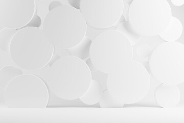 White abstract stage mockup - flying plastic circles as decor. Template 3D illustration  futuristic, minimalist, geometric scene for presentation cosmetic products, goods, advertising, black friday.