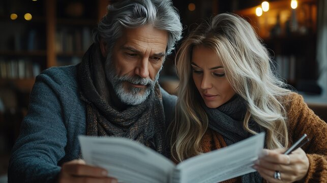 Mature couple reviewing documents together at cafe.