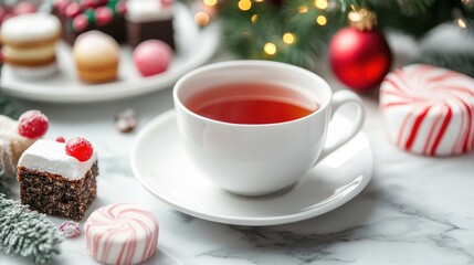Fototapeta premium Holiday Tea with Festive Candies and Pastries on a Marble Table Surrounded by Christmas Decor and Lights