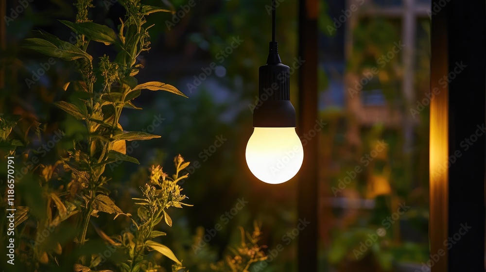 Poster illuminating indoor spaces with led bulbs and lanterns in a serene nighttime garden setting