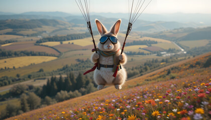 A cute bunny rabbit paragliding over a colorful flower field and mountain landscape.