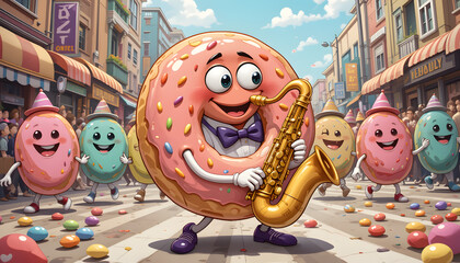 A cheerful donut plays saxophone in a parade.