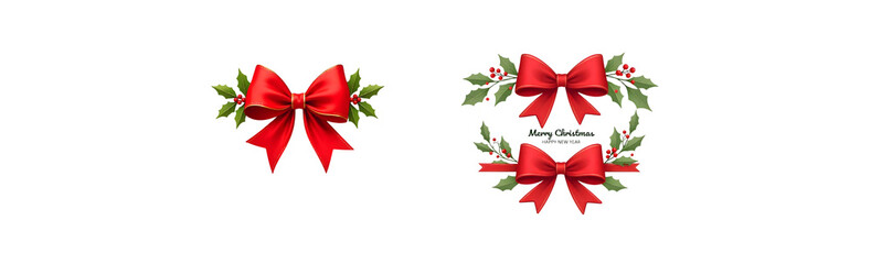 A red bow with holly leaves and berries , with the text Merry Christmas Happy New Year!
