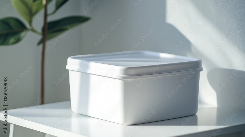 Poster minimalist white storage box with lid positioned on a white table in a bright and airy interior sett