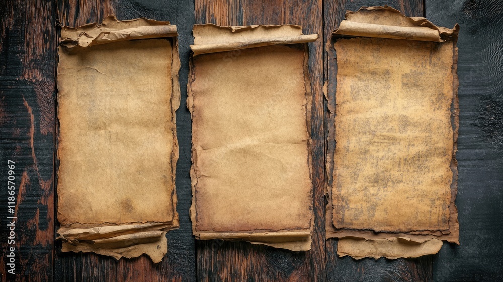 Aufkleber Vintage textured paper scrolls on rustic wooden background for use in creative design and advertising projects.