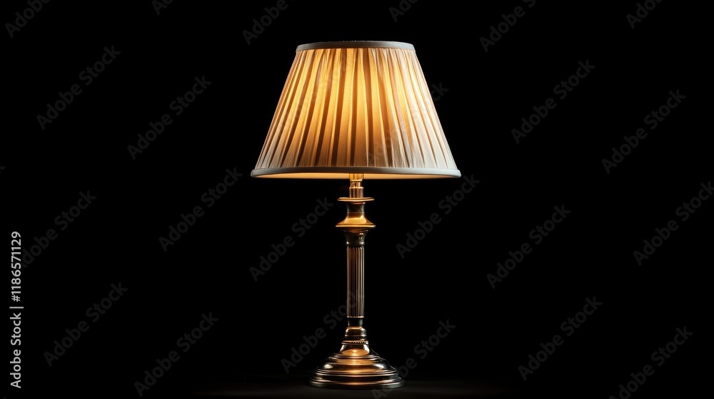 Poster vintage table lamp with pleated shade isolated on black background illuminating warm light stylish h