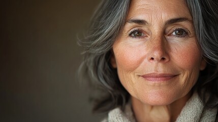 Mature woman portrait reflecting natural aging with fine lines showcasing wisdom and introspection against a soft blurred background