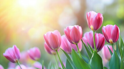 Blooming Pink Tulip Flowers in Sunlit Spring Field with Soft Focus on Green Leaves
