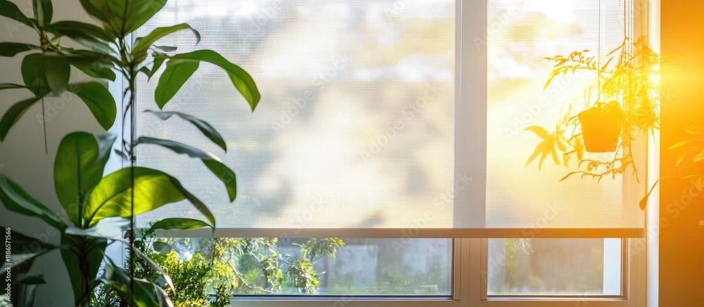 Poster sunlight filtering through white roller blinds in a glass room with ornamental plants creating intri