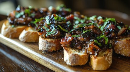 Savory bruschetta appetizers on toasted baguette slices garnished with fresh basil displayed on a rustic wooden board close up