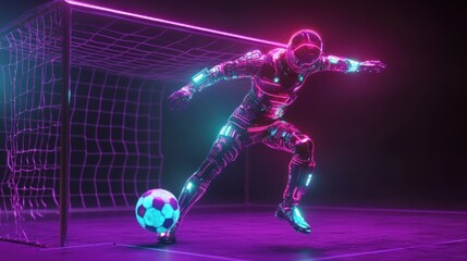 Obraz premium Futuristic astronaut scoring a goal in neon-lit soccer match.