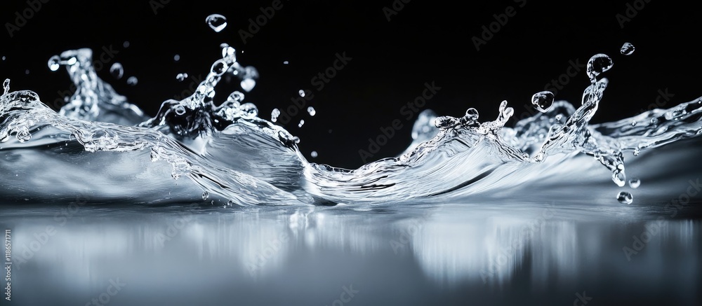 Poster water splash from modern faucet symbolizing hygiene and freshness with droplets highlighting cleanli