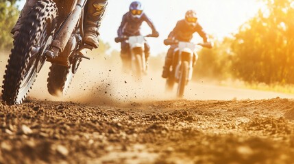 Three People Riding Dirt Bikes Down a Dirt Road on a Sunny Day - Generative AI