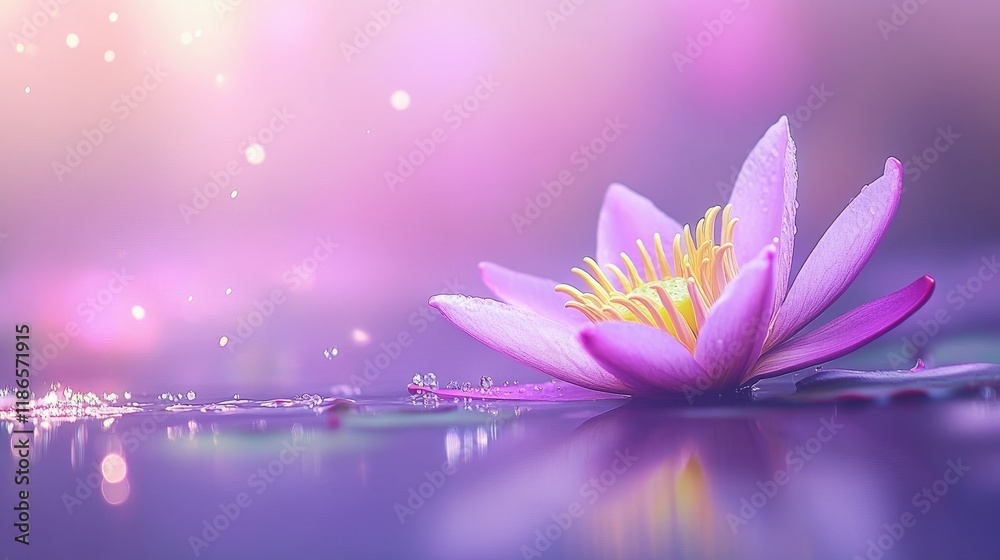 Poster Violet water lily in bloom showcasing yellow pollen with a soft blurred background creating a serene and tranquil ambiance