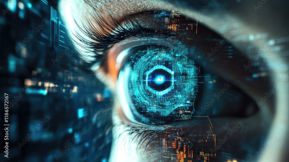Poster Evolving landscape of search engines showcasing AI integration and digital insights through a futuristic human eye concept.