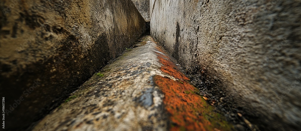 Poster Abstract perspective of converging walls in a narrow space showcasing textures and colors for unique background design inspiration