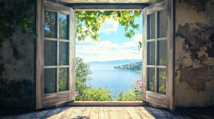 Vintage window overlooking a serene landscape with vibrant nature and a tranquil sea view under a bright blue sky.