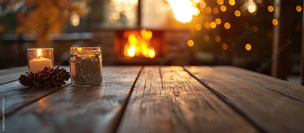 Aufkleber Cozy wooden tabletop with candles and rustic decor illuminated by a warm fireplace creating a welcoming atmosphere for gatherings