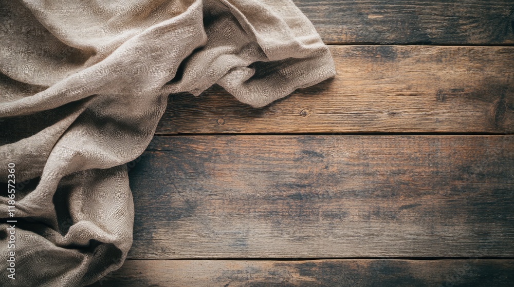 Aufkleber Neutral vintage linen draped on rustic wooden surface creating a cozy atmospheric backdrop for various design projects