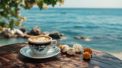 Turkish coffee with sweets on a wooden table by the serene beach capturing a tranquil seaside moment