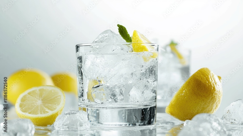 Aufkleber Refreshing vodka on the rocks served with ice and lemon slices garnished with mint on a light background for cocktail enthusiasts