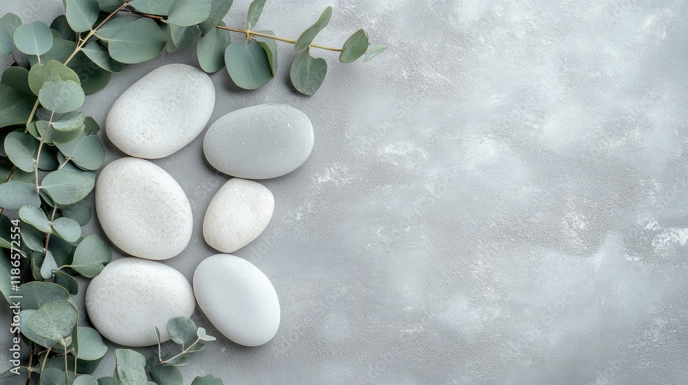 Poster serene gray background with white stones and eucalyptus leaves for a tranquil and calming aesthetic 