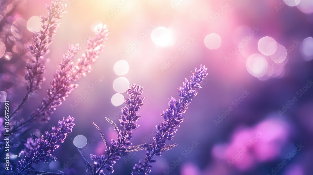 Poster Vibrant violet abstract bokeh background featuring delicate flowers in a serene nature setting