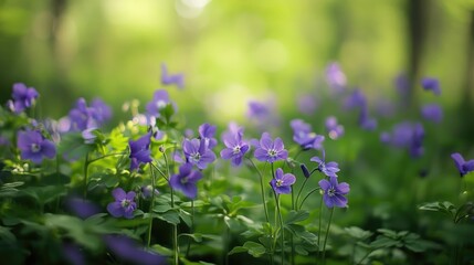 Fototapeta premium Vibrant violet flowers blooming in a lush forest creating a serene and enchanting natural backdrop for outdoor decoration and beauty.