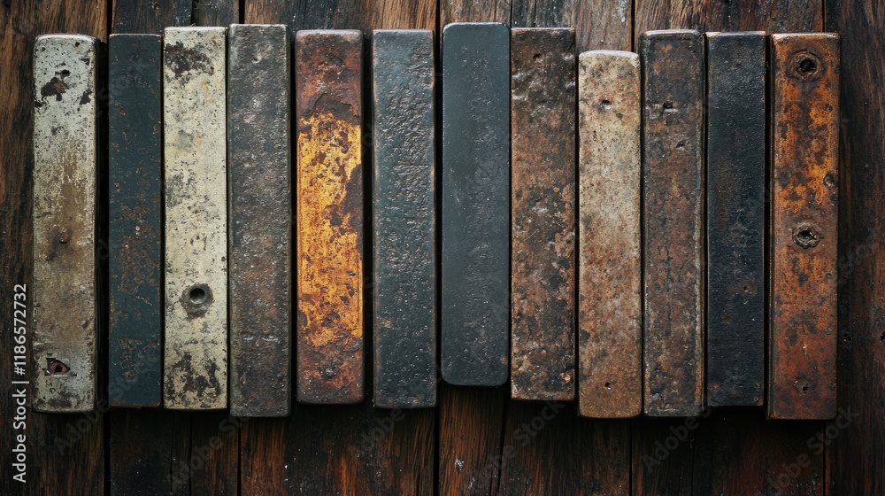 Poster Vintage metal type printing blocks arranged on a weathered wooden surface showcasing texture and character in a nostalgic composition