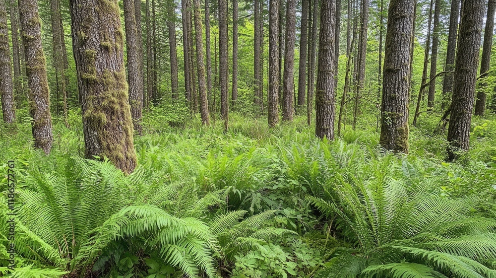 Poster Unique Trees Surrounded by Lush Ferns and Grasses in Dense Forest Setting with Vibrant Greenery and Tranquil Atmosphere