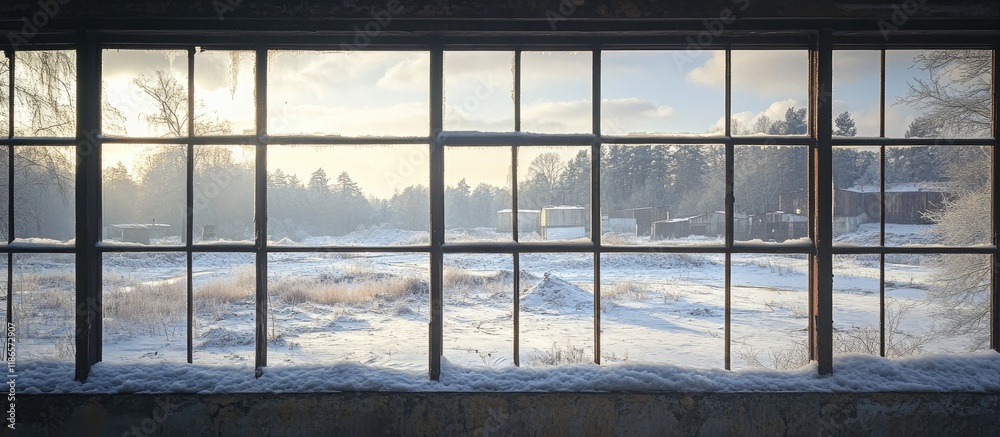 Poster winter landscape view from a factory window highlighting rustic charm and serene beauty with snow-co