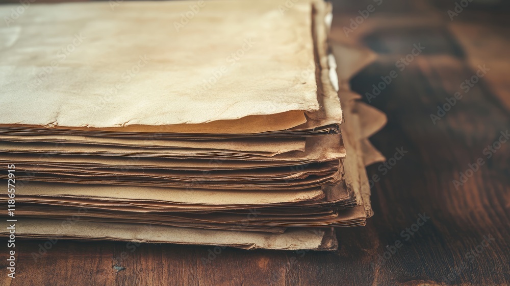 Poster stack of aged vintage paper sheets on wooden surface for design and crafting backgrounds