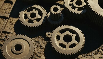 Close-up of weathered gear surface, cinematic light, and shadow interplay
