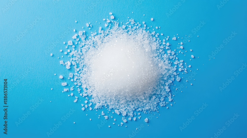 Poster White Sugar Crystals Piled on Vibrant Blue Surface Creating a Textured Abstract Background for Culinary or Nutritional Concepts