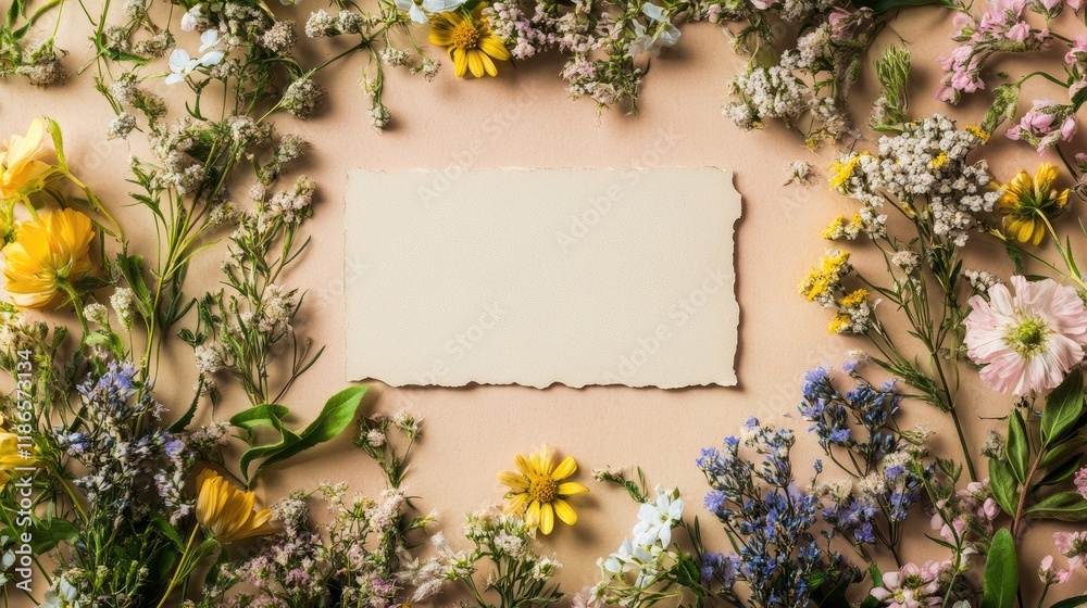 Aufkleber vintage floral mockup with empty label on pastel background showcasing summer flowers and copy space