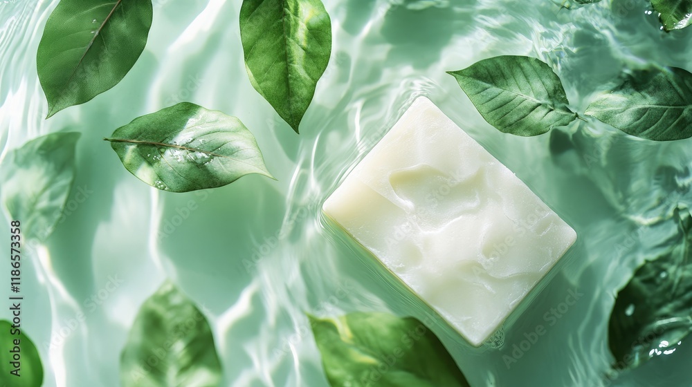Aufkleber natural white soap surrounded by green leaves floating in tranquil water creating a serene and refre