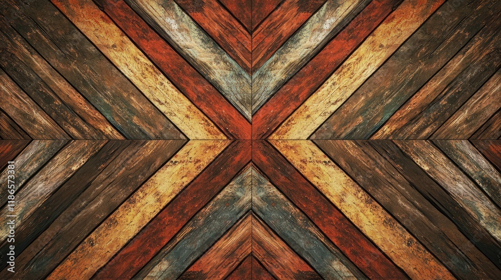 Aufkleber Geometric pattern of aged wooden planks in earthy tones creating a rustic texture background for design and decor applications