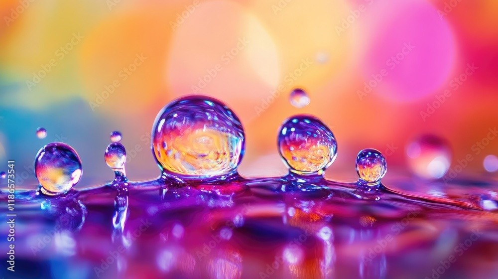 Poster Vibrant Colorful Water Droplets on Reflective Surface with Soft Bokeh Background