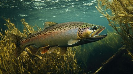 Trout fish swimming in a natural underwater habitat surrounded by aquatic plants and lush vegetation