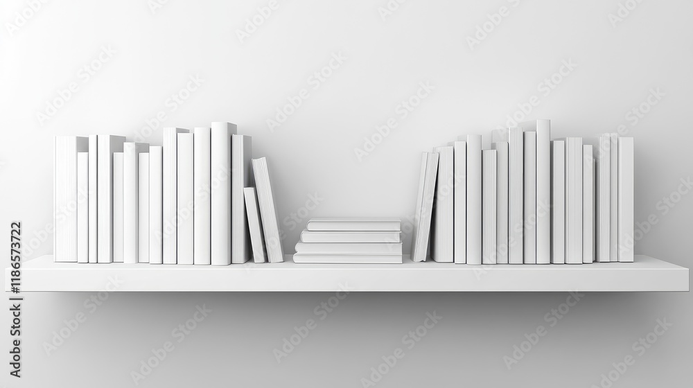 Poster Minimalist White Bookshelf with Stacked and Standing Books for Mockup Display