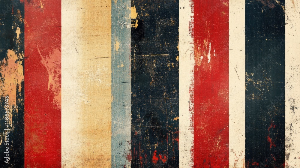 Poster weathered vintage striped background with worn textures in red, blue, and beige hues for retro desig