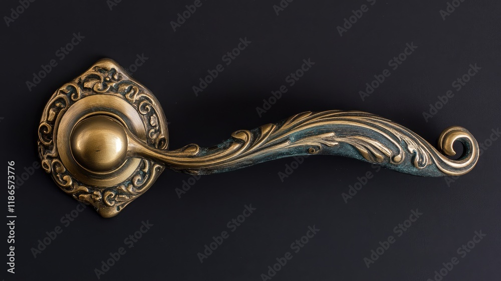 Poster ornate vintage door handle with intricate design showcasing craftsmanship and patina on dark backgro
